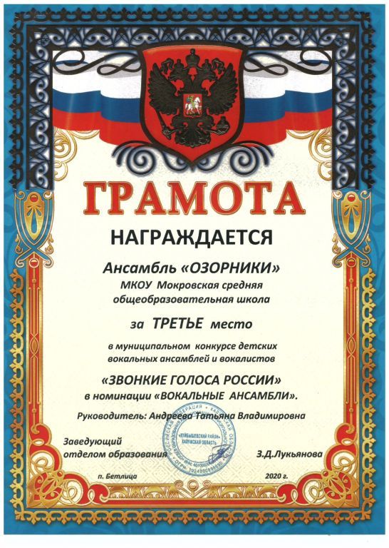 Третье место в муниципальном конкурсе детских вокальных ансамблей и вокалистов Звонкие голоса россии.
